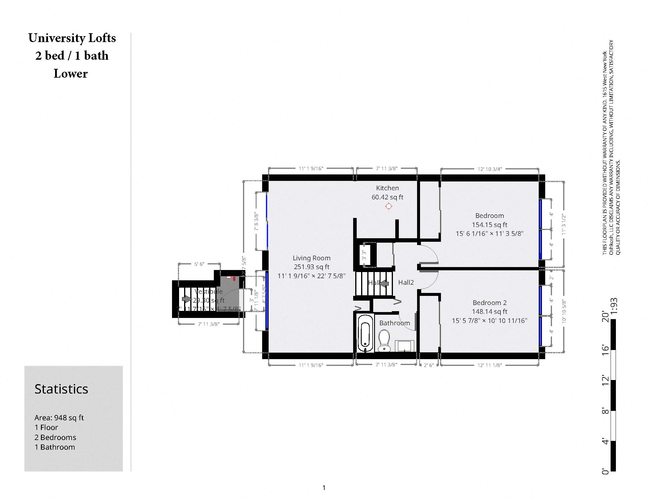 Floor plan for 2 beds, 1 bath, 948 sqft